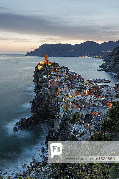 Vernazza town at sunset in long expo