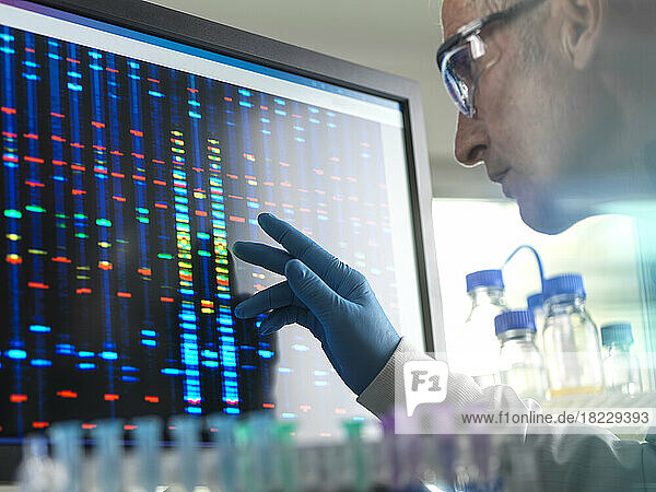Scientist viewing DNA sample results on screen during clinical experiment