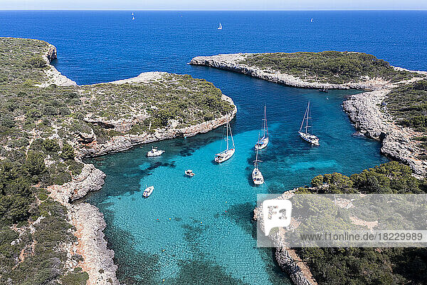 Spain  Balearic Islands  Majorca  Aerial view of Cala Sa Nau bay in summer