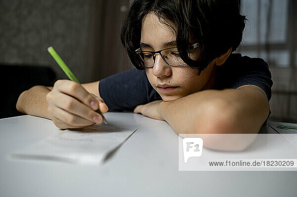 Boy writing with pen on paper at home