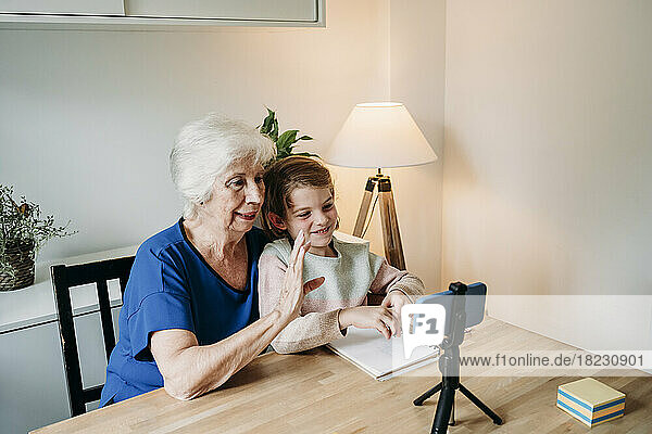 Senior woman with smiling granddaughter having video call on mobile phone at home