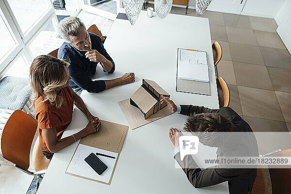 Mature man and woman having discussion with real estate agent at table