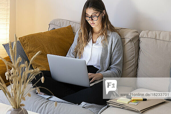 Young woman studying on laptop at home