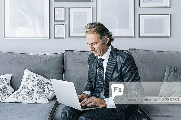 Businessman using laptop sitting on sofa working at home