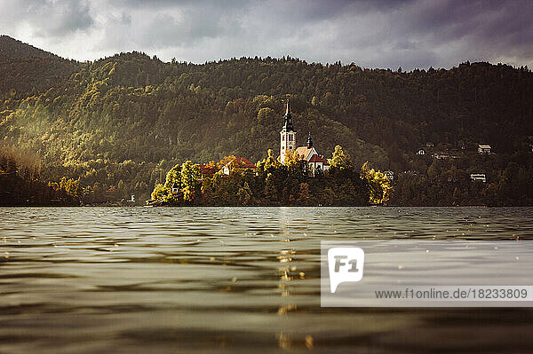 Slovenia  Bled  View of Bled Island at autumn dusk