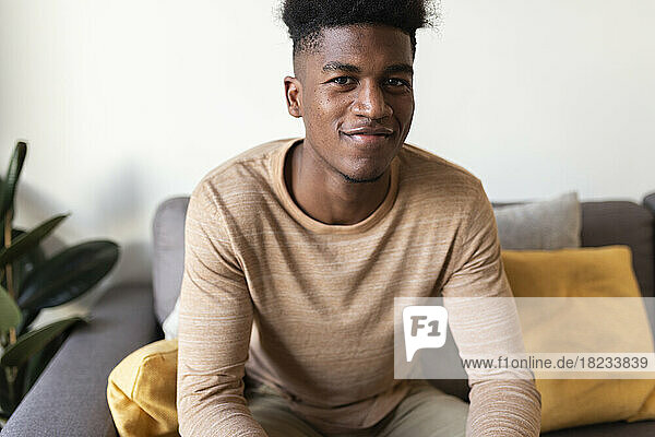 Lächelnder junger Mann  der zu Hause auf dem Sofa sitzt
