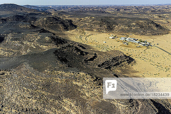 Saudi Arabia  Najran Province  Najran  Aerial view of hills surrounding archaeological site of Bir Hima