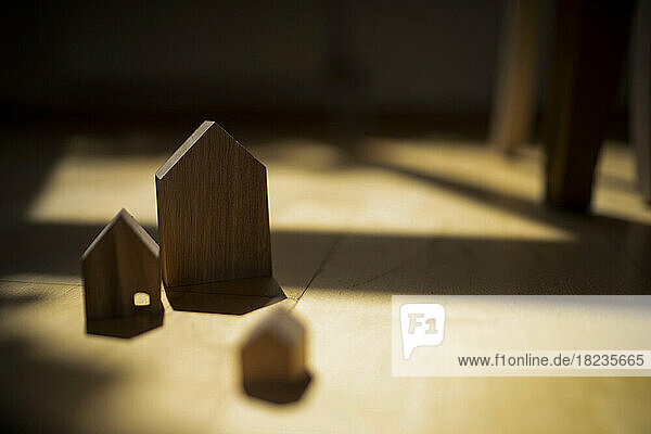 Wooden house models on floor at home