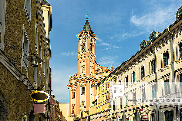 Germany  Bavaria  Passau  Bell tower of Church of St. Paul and surrounding buildings