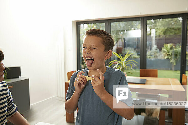 Playful boy sticking out tongue and holding unbaked cookie at home