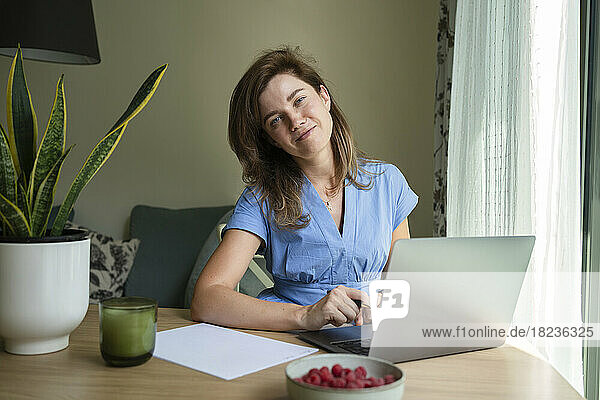 Smiling freelancer sitting with laptop at desk in home office