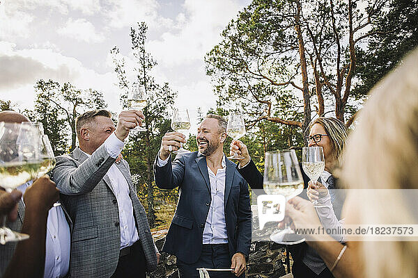 Glücklicher Bräutigam stößt mit Freunden und Familie auf der Hochzeit mit Weingläsern an