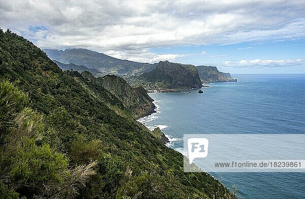 Ausblick auf steile felsige Küste und Meer  hinten Ort Porto da Cruz und Adlerfelsen Penha de Aguia  Küstenlandschaft  Wanderweg Vereda do Larano  Madeira  Portugal  Europa