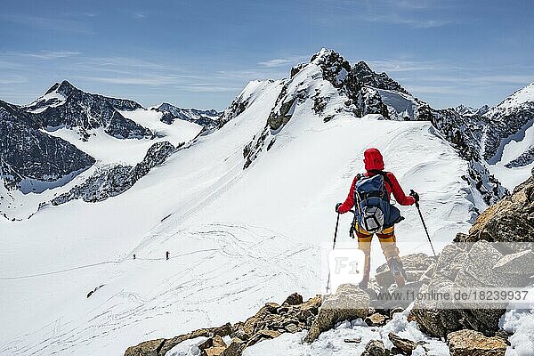 Ski tourers at the summit  Wildes Hinterbergel  mountains in winter with snow  Stubai Alps  Tyrol  Austria  Europe