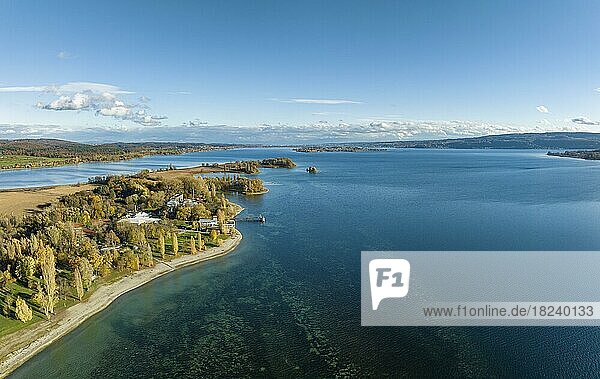 Aerial view of the Mettnau peninsula in western Lake Constance  with the island of Reichenau on the horizon to the right  Konstanz district  Baden-Württemberg  Germany  Europe