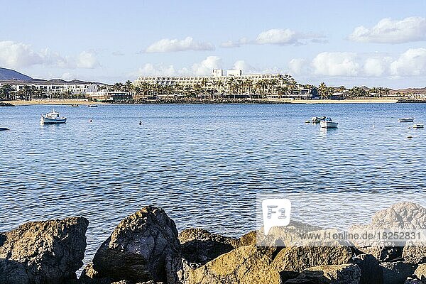 View of the resort town named Costa Teguise with boats on the foreground  Lanzarote  Canary Island  Spain  Europe