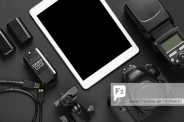 Top view photography accesories tablet. Resolution and high quality beautiful photo