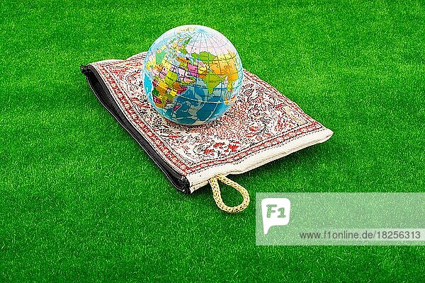 Globus in einer traditionellen Handtasche auf grünem Gras
