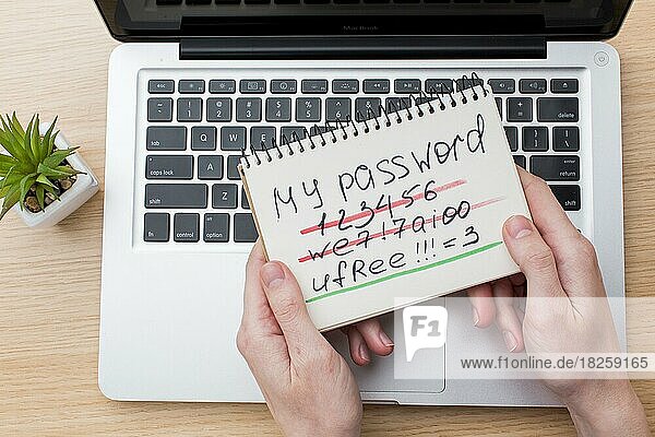 Flat lay Hände halten Notebook mit Passwort Laptop