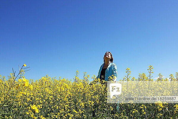 A woman in a field with yellow flowers on a blue sky background