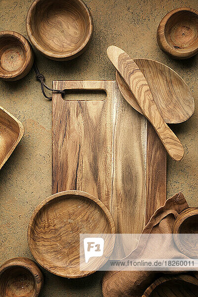 Wooden kitchen utensils stacked view