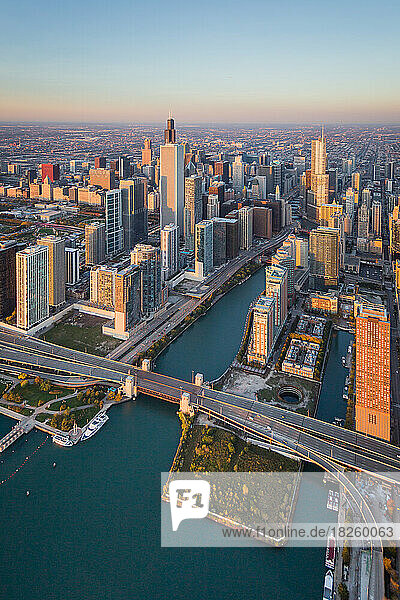 Chicago River - Skyline Aerial at Sunrise