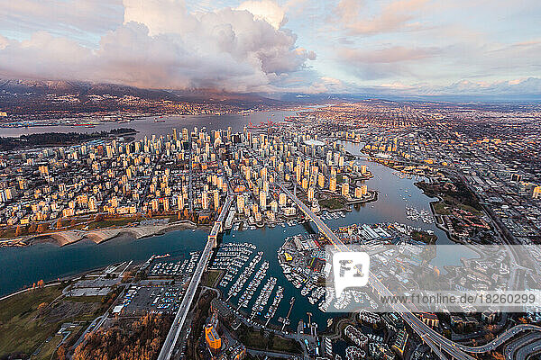 False Creek Downtown Vancouver Sunset Skyline Aerial Photo Wide