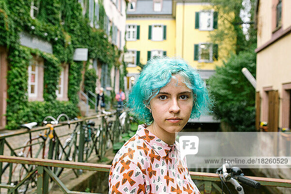 Portrait Of Teen Girl With Blue Hair In The City Of Freigburg Germany