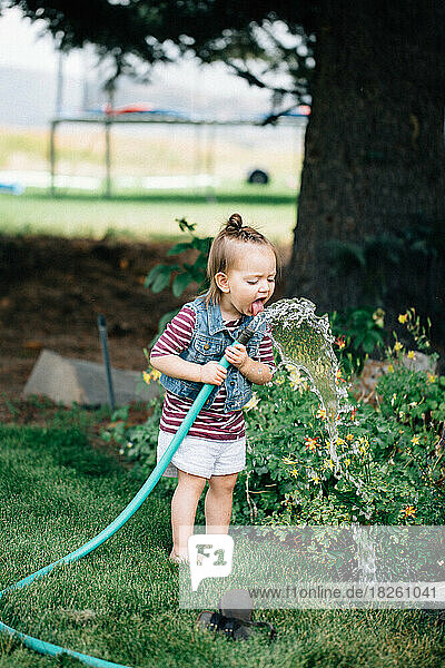 Little girl drinking water from a hose outside by the garden