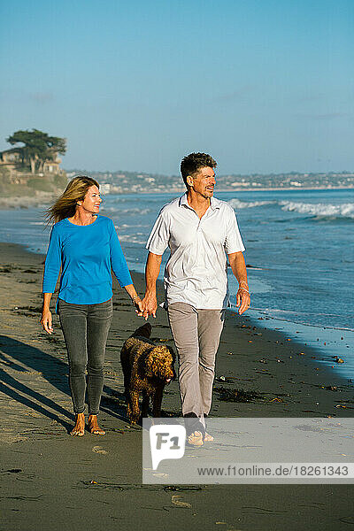 Happy Couple Walking With Their Labradoodle On The Beach