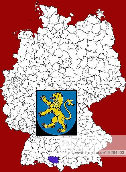 Landkreis Ravensburg in Baden-Württemberg  Lage des Landkreis innerhalb von Deutschland  Wappen  mit Landkreiswappen (nur redaktionelle Verwendung) (amtliches Hoheitszeichen) (werbliche Nutzung gesetzlich beschränkt)