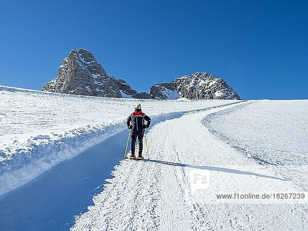 Blue sky over winter landscape  ski tourer on Hallstätter Glacier  Hallstätter Glacier  Dachstein Massif  Styria  Austria  Europe