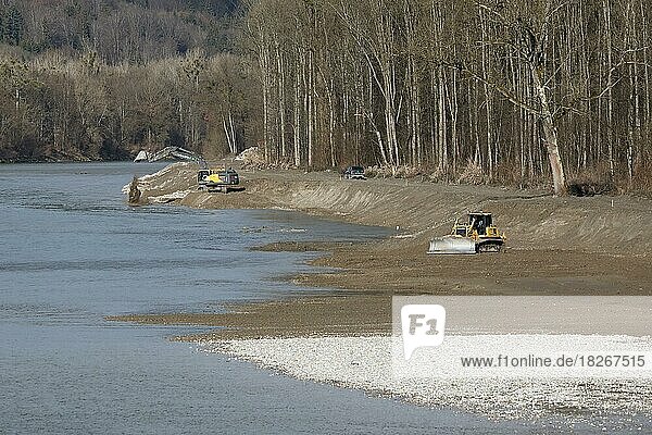 Ein Bagger und eine Raupe gestalten das Ufer eines Flusses neu  Kiesbänke  Renaturierung der Salzach nördlich von Tittmoning  No-Regret-Maßnahmen  Oberösterreich  Österreich  Europa