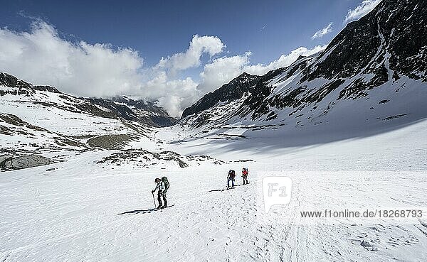 Ski tourers ascending Alpeiner Ferner  snow-covered mountain landscape  Stubai Alps  Tyrol  Austria  Europe