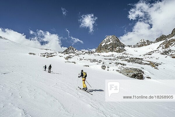 Ski tourers ascending Alpeiner Ferner  mountain landscape with peak Nördliche Wildgratspitze  Stubai Alps  Tyrol  Austria  Europe