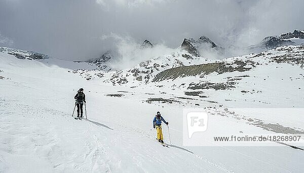 Skitourengeher bei der Abfahrt am Alpeiner Ferner  Stubaier Alpen  Tirol  Österreich  Europa