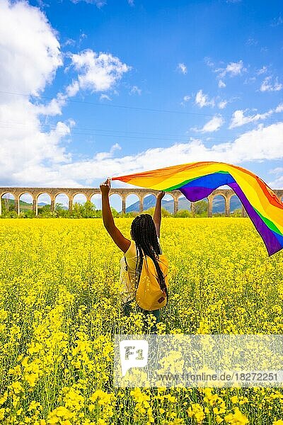Eine schwarze ethnische Mädchen mit Zöpfen hält die LGBT-Flagge in einem Feld von gelben Blumen  Stolz Tag  lesbische freie Frauen Konzept