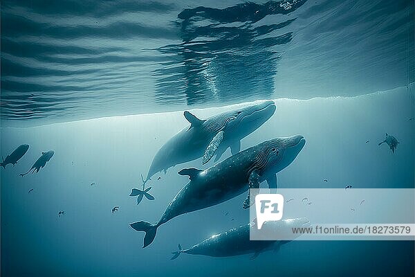 Photography group of whales swimming in the ocean. Ai generated art