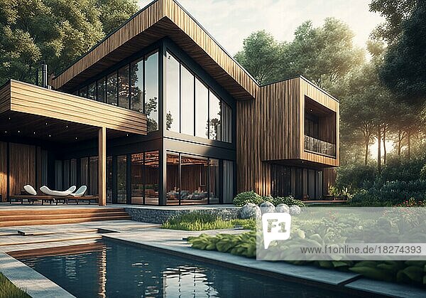 Modernes Holzhaus mit Pool  Immobilien von Milliardären. Ai generierte Kunst
