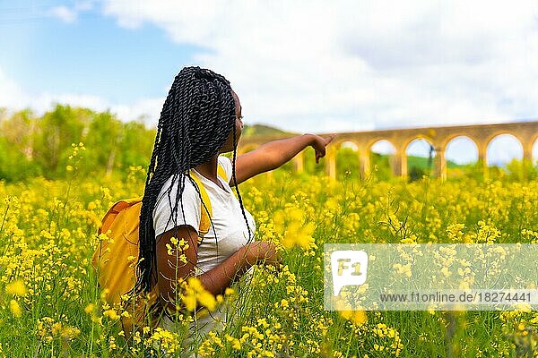 Zeigt auf ein schönes Aquädukt  ein schwarzes ethnisches Mädchen mit Zöpfen  eine Reisende  in einem Feld mit gelben Blumen
