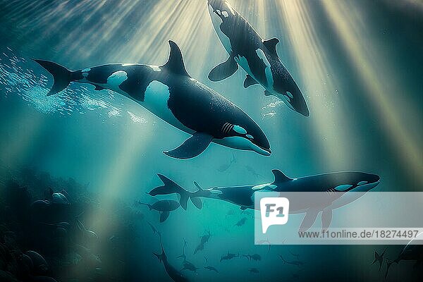 Photography group of orcas swimming in the ocean with rays of light. Ai generated art