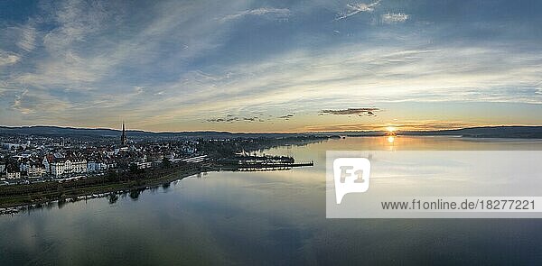 Aerial view of western Lake Constance at sunrise  with the town of Radolfzell and the Mettnau peninsula  on the horizon the island of Reichenau  Constance district  Baden-Württemberg  Germany  Europe