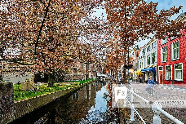 Delft Straße mit Kanal und alte Häuser mit nicht identifizierten Frau fährt Fahrrad  Delft  Niederlande  Europa