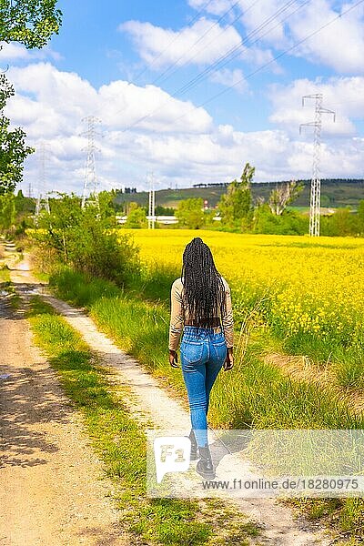 Ein schwarzes ethnisches Mädchen mit Zöpfen  eine Reisende  die gemeinsam einen Weg entlang geht  in einem Feld mit gelben Blumen