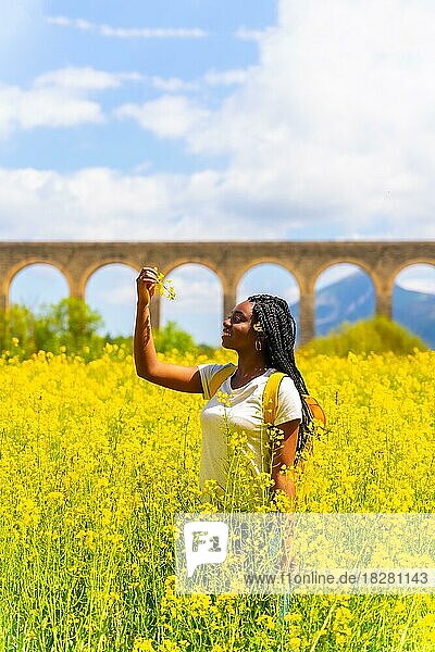 Ein schwarzes ethnisches Mädchen mit Zöpfen  eine Reisende  in einem gelben Blumenfeld  betrachtet die Blumen