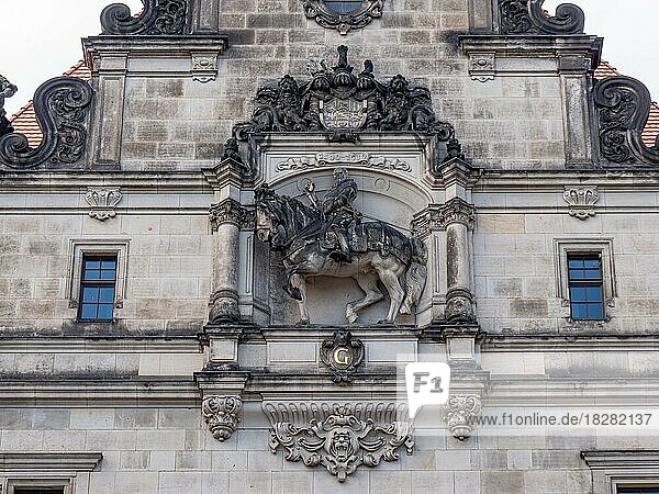 The upper part of the Georgentor building with the equestrian statue  Dresden  Saxony  Germany  Europe