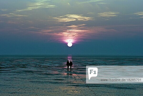 Zwei Menschen beim Sonnenuntergang im Wattenmeer in Dorum Neufeld  Landkreis Cuxhaven  Deutschland  Europa