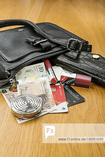 Damenhandtasche und Geldbörse  der Inhalt wurde entleert. Zeigt einige Kosmetika  Bargeld und Bankkarten