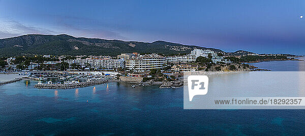 Spain  Balearic Islands  Mallorca  Santa Ponsa  Aerial panorama of seaside town at dusk
