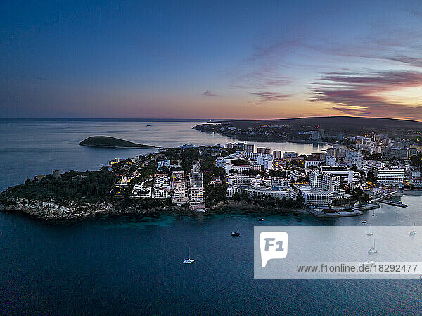 Spain  Balearic Islands  Santa Ponsa  Mallorca  Aerial view of seaside town at dusk